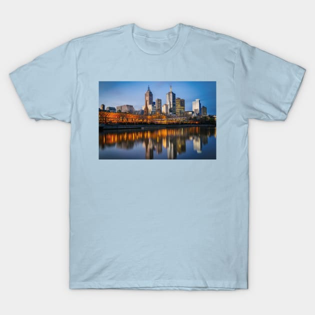 Blue Hour Melbourne Cityscape at Sunset T-Shirt by Design A Studios